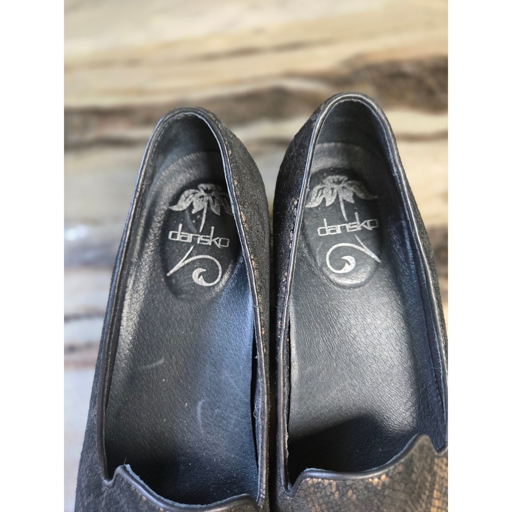 Dansko Womens 38 Bronze Black Snakeskin Leather Slip On Loafers Low Wedge‎ - Picture 7 of 9